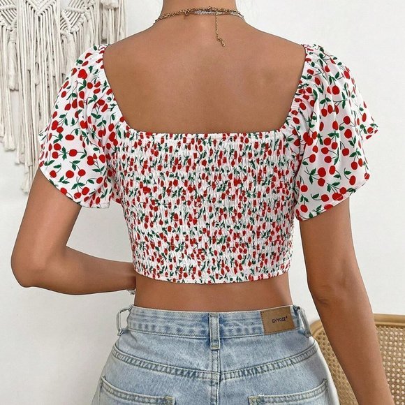 White Boho Womens Allover Cherry Print Off Shoulder Crop Blouse - Picture 2 of 5